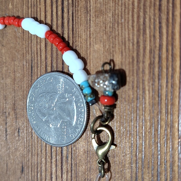 Red, White and Turquoise Beaded Bracelet, Handmade Men's Bracelet, White - Picture 4 of 6